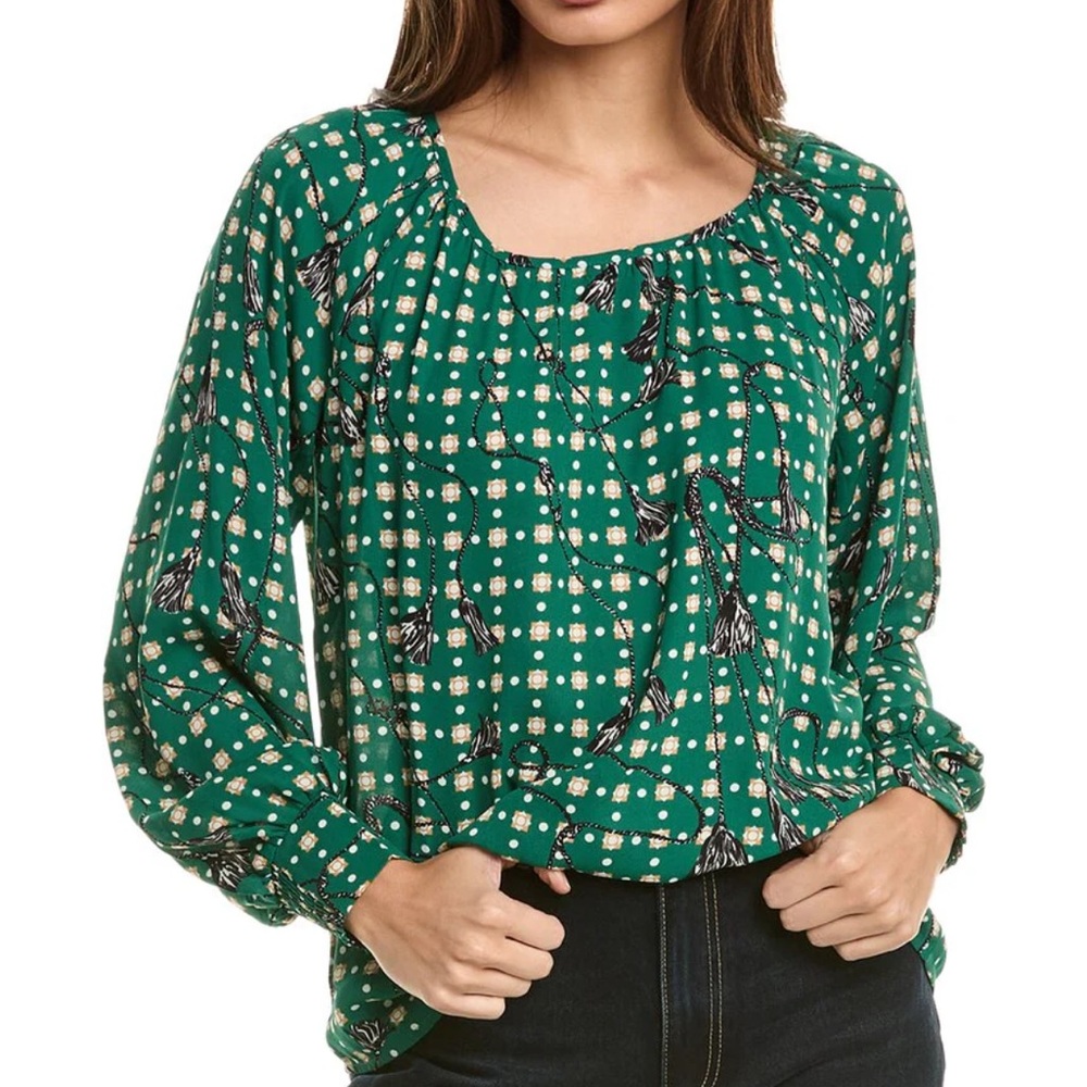 CAbi Green Tassel Voyage Long Sleeve Blouse Size S NWOT